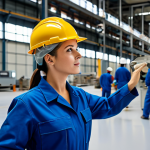 ** A professional female engineer in a fully clothed, modest safety jumpsuit and hard hat, inspecting a modern factory floor with advanced machinery. Focus on perfect anatomy, correct proportions, and a natural pose. Safe for work, appropriate content, professional setting, high-resolution photograph.

**