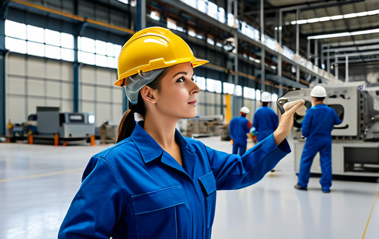 ** A professional female engineer in a fully clothed, modest safety jumpsuit and hard hat, inspecting a modern factory floor with advanced machinery. Focus on perfect anatomy, correct proportions, and a natural pose. Safe for work, appropriate content, professional setting, high-resolution photograph.
**