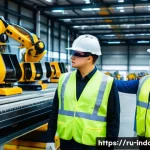 Home 17 산업재해와 노동자 권리 보호 사례 - A modern industrial factory scene featuring diverse workers wearing full personal protective equipme...