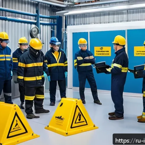 Home 32 산업재해 예방을 위한 매뉴얼 작성법 - A detailed industrial safety training scene in a modern Russian manufacturing plant, showing diverse...