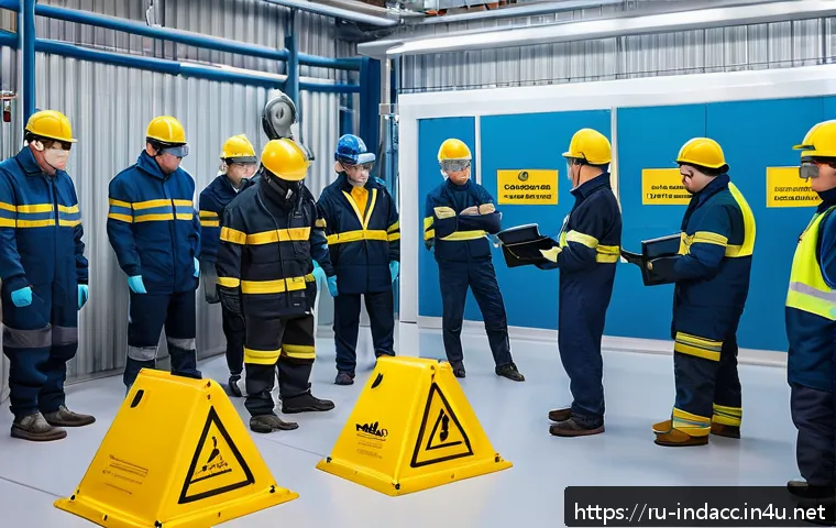 산업재해 예방을 위한 매뉴얼 작성법 - A detailed industrial safety training scene in a modern Russian manufacturing plant, showing diverse...