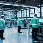Home 19 산업재해분석 전문가를 위한 서적 추천 - A modern industrial factory interior with workers wearing safety gear and protective clothing, surro...