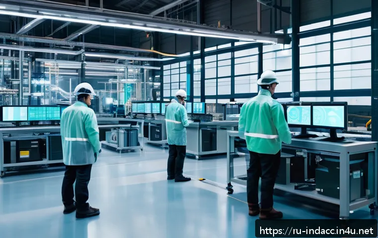 산업재해분석 전문가를 위한 서적 추천 - A modern industrial factory interior with workers wearing safety gear and protective clothing, surro...
