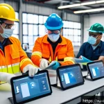 Home 18 산업재해와 관련된 국제 규정 - A modern industrial workplace scene showing diverse factory workers wearing advanced personal protec...