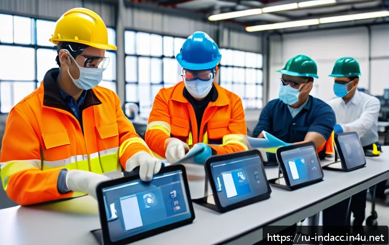 산업재해와 관련된 국제 규정 - A modern industrial workplace scene showing diverse factory workers wearing advanced personal protec...