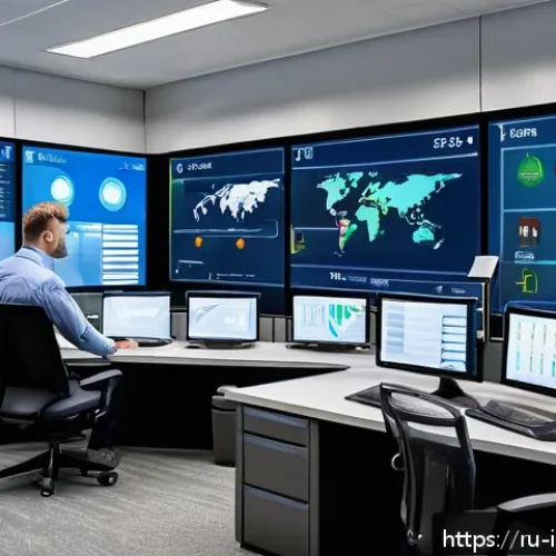 Home 17 산업재해분석 전문가의 성장 가능한 분야 - A modern industrial workplace safety control room featuring large interactive digital dashboards dis...