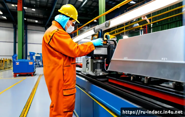 Home 17 산업재해 예방 장비와 기술 - Photorealistic industrial safety inspection at a modern Russian manufacturing plant, a middle-aged w...