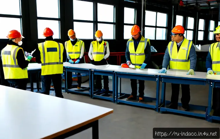산업재해 예방을 위한 워크숍 기획 - Photorealistic occupational safety workshop in a modern Russian manufacturing plant training room, d...